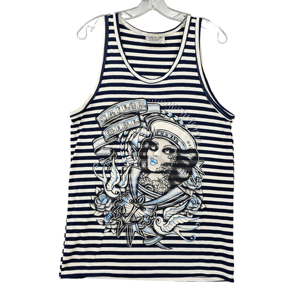 Darkside Blue Navy Sailor Print Striped Tank Classic Scoop Neck Women Size L Top